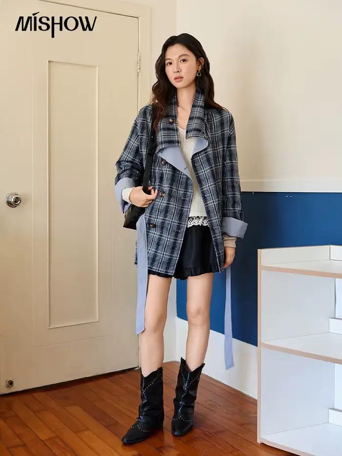 MISHOW Double face vêtements d'extérieur Trench pour femmes automne hiver 2025 bleu Plaid Patchwork diagonale patte