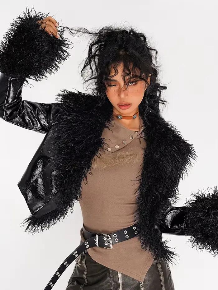 Veste d'hiver gothique en fausse fourrure pour femme, veste de course en Faux cuir Pu, vêtements d'extérieur Grunge, manteau académique foncé japonais Y2k, Harajuku