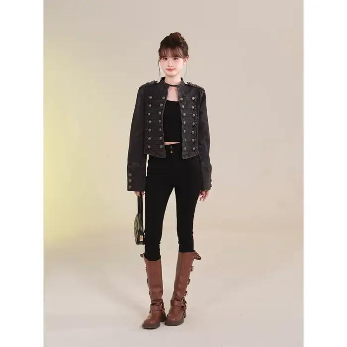 Vêtements pour femmes manteau court nouvelle veste en jean rétro bouton conception mince col montant manches longues