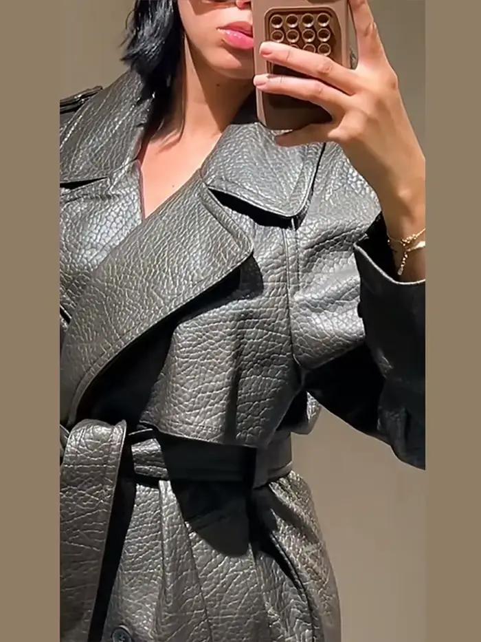 Manteau Long en cuir à lacets pour femme