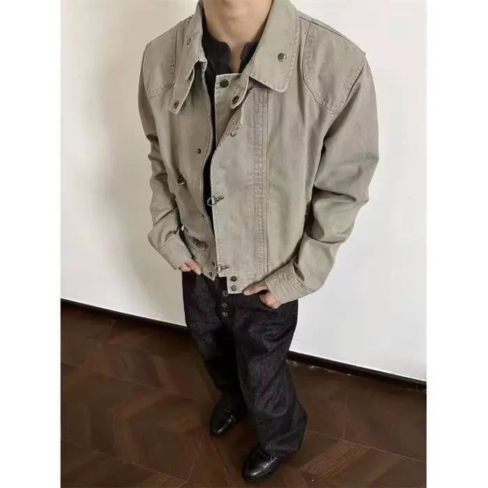 Blouson court kaki style hip-hop pour homme décontracté rétro avec boucle aviateur et fermeture éclair pour printemps et automne
