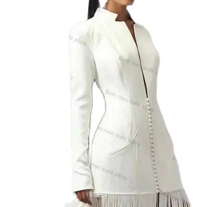 Blazer long imbibé de glands blancs pour femmes, smoking de mariage, veste à glands de luxe, manteau sur mesure, manches longues, dame de bureau, 1 pièce