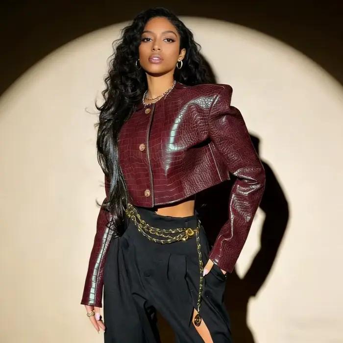 Veste courte pour femme en similicuir gaufré crocodile bordeaux, col rond, manches longues, style blazer vintage Y2K, tenue décontractée streetwear