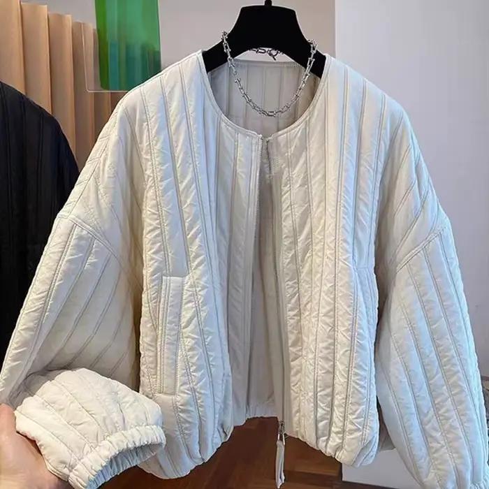 Veste courte coréenne en coton à col rond pour femmes, manteaux amples à rayures simples, épais et chaud avec fermeture éclair, parka