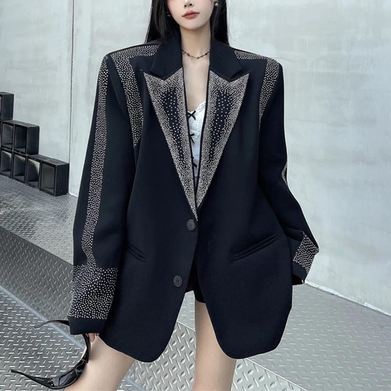 Strass noir costume veste manteau BF ample décontracté simple boutonnage pardessus femme