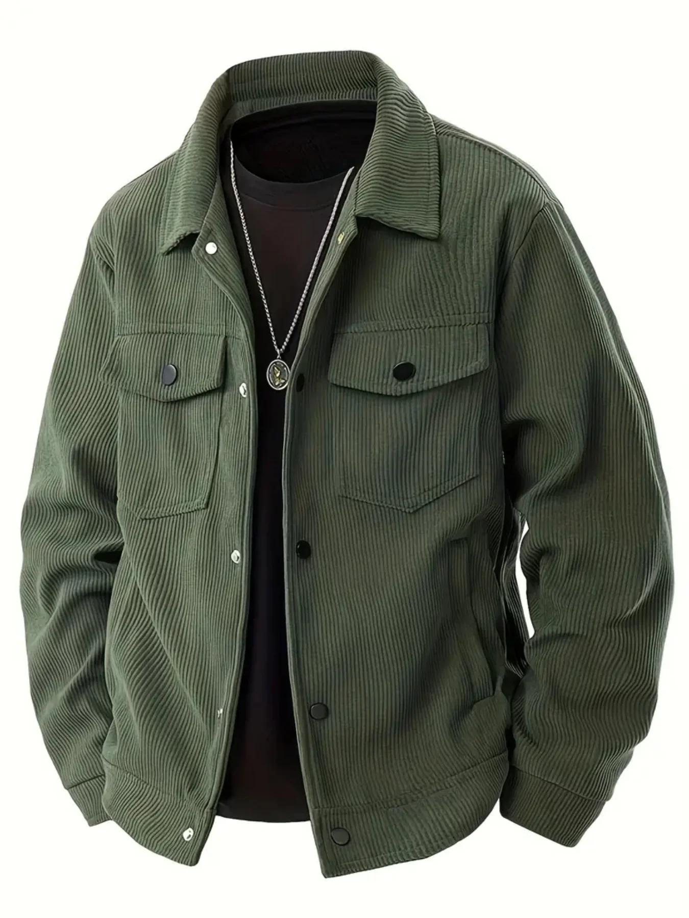 Veste en velours côtelé pour homme, col rabattu, boutonnée, poche poitrine, style décontracté vintag