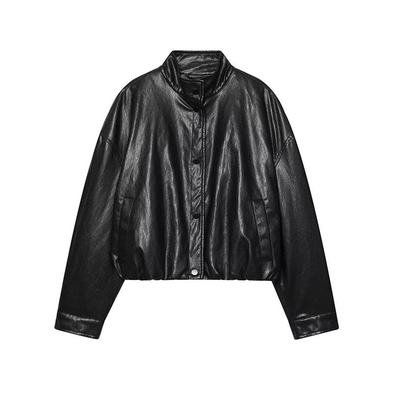 Vestes courtes en cuir PU pour femmes, col montant, mode solide, manches longues, poches, manteaux a