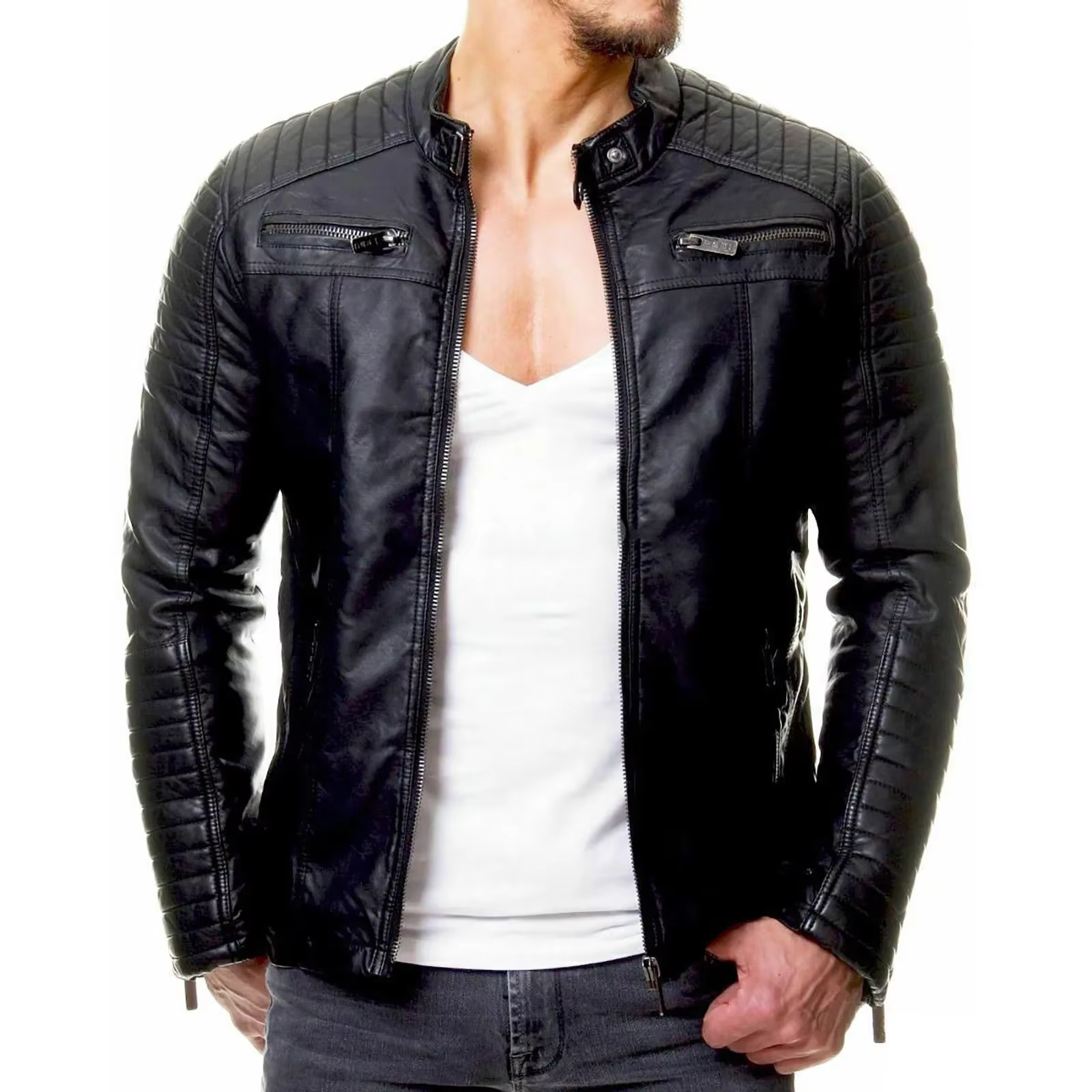 Veste de moto en cuir pour hommes, coupe-vent, imperméable, couleur unie, fermeture éclair, décontra