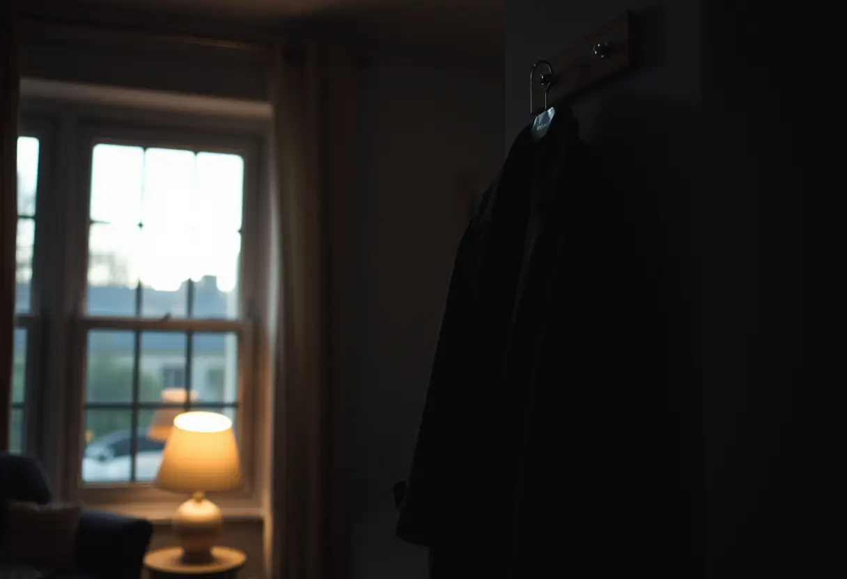 Un manteau noir pendu près d'une fenêtre éclairée par une lampe dans un salon obscur