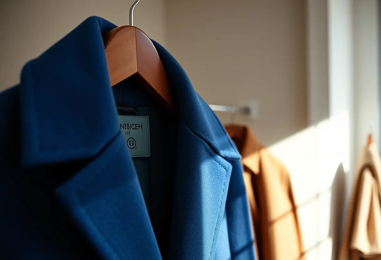 Vue rapprochée d'un cintreuse avec un manteau bleu marine dans une cabine d'essayage