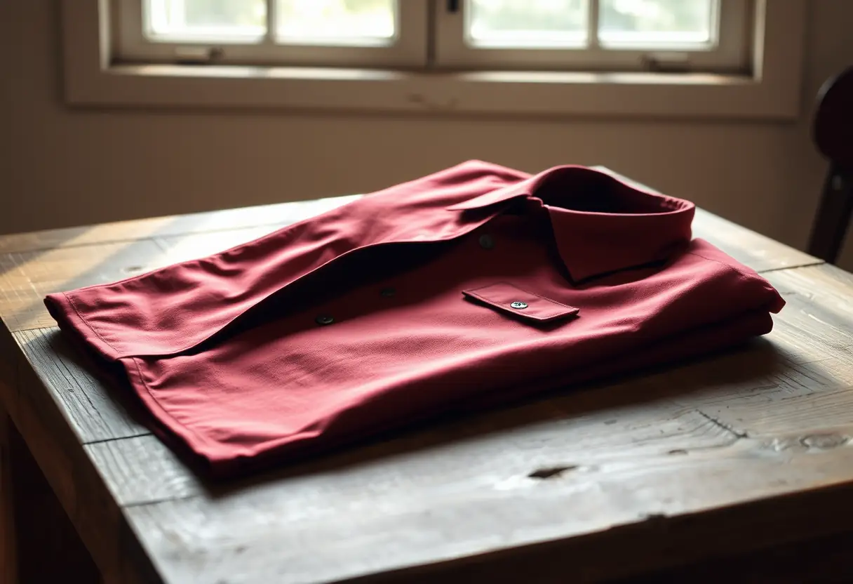 Un manteau bordeaux plié sur une table en bois brut, la lumière du matin souligne la qualité de sa matière