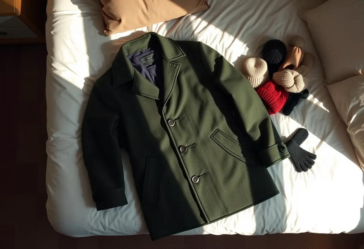 Un manteau plié sur un lit, entouré d'accessoires d'hiver, éclairé par la lumière du soleil couchant
