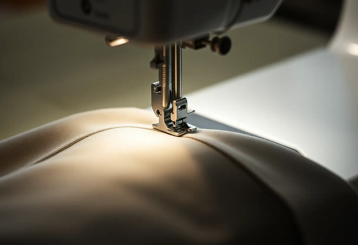 Une aiguille de machine à coudre pénètre dans la couture d'un nouveau manteau col montant
