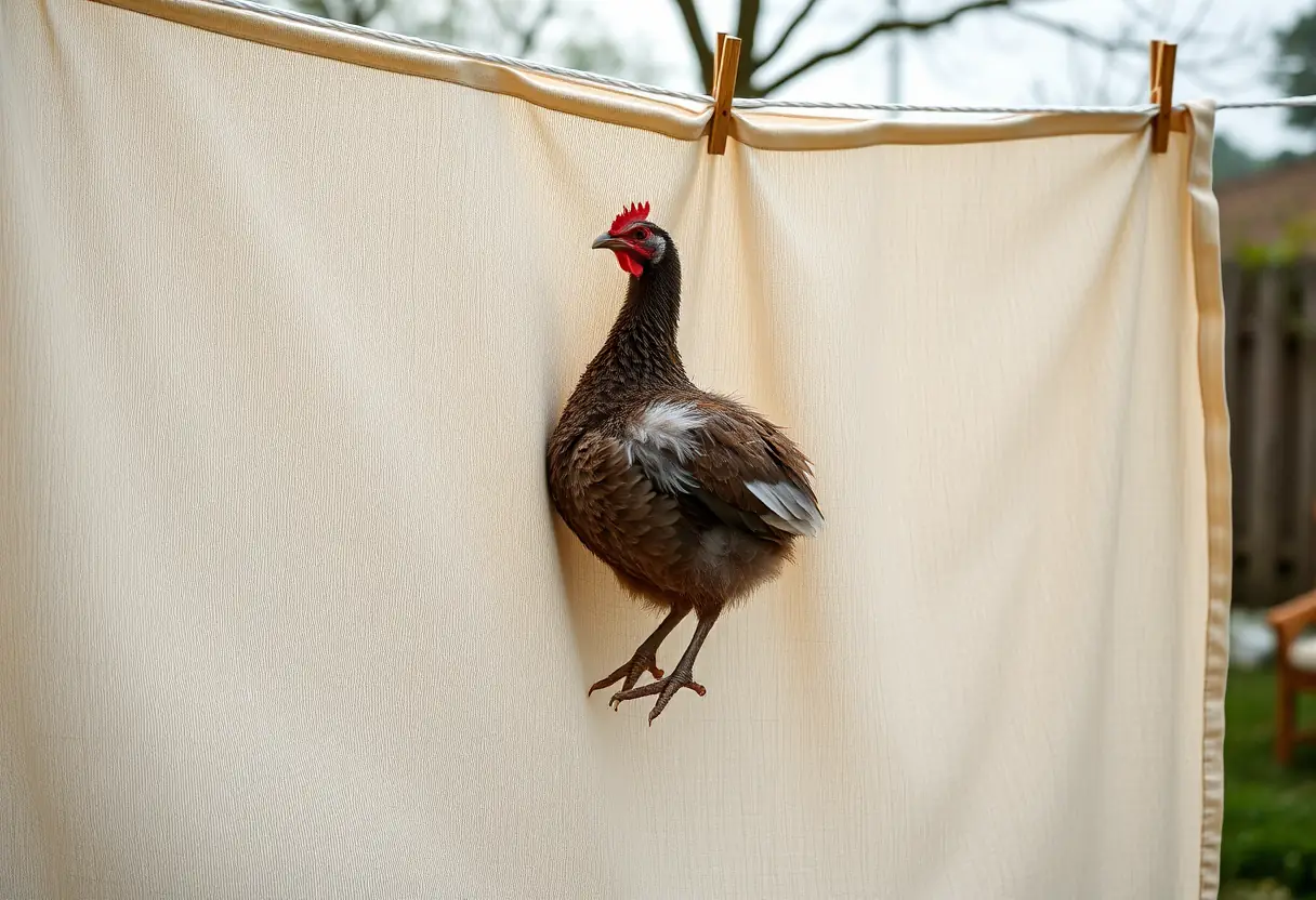 Un manteau doudoune accroché à une corde à linge dans un jardin, mettant en évidence ses propriétés d'isolation thermique