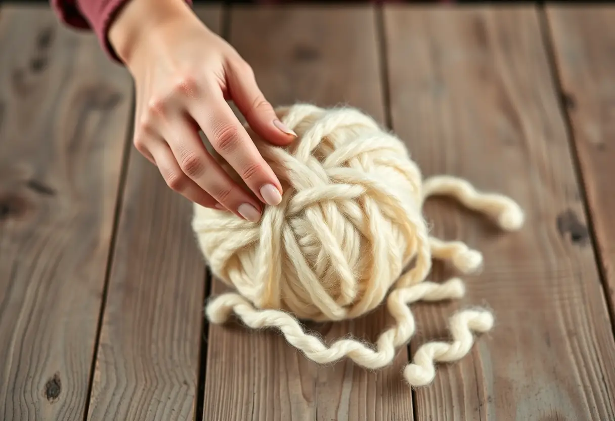 Main de femme qui caresse délicatement une boule de laine de haute qualité sur une table rustique
