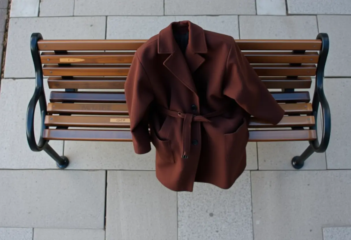 Vue aérienne d'une banquette de parc recouverte par un manteau oversize