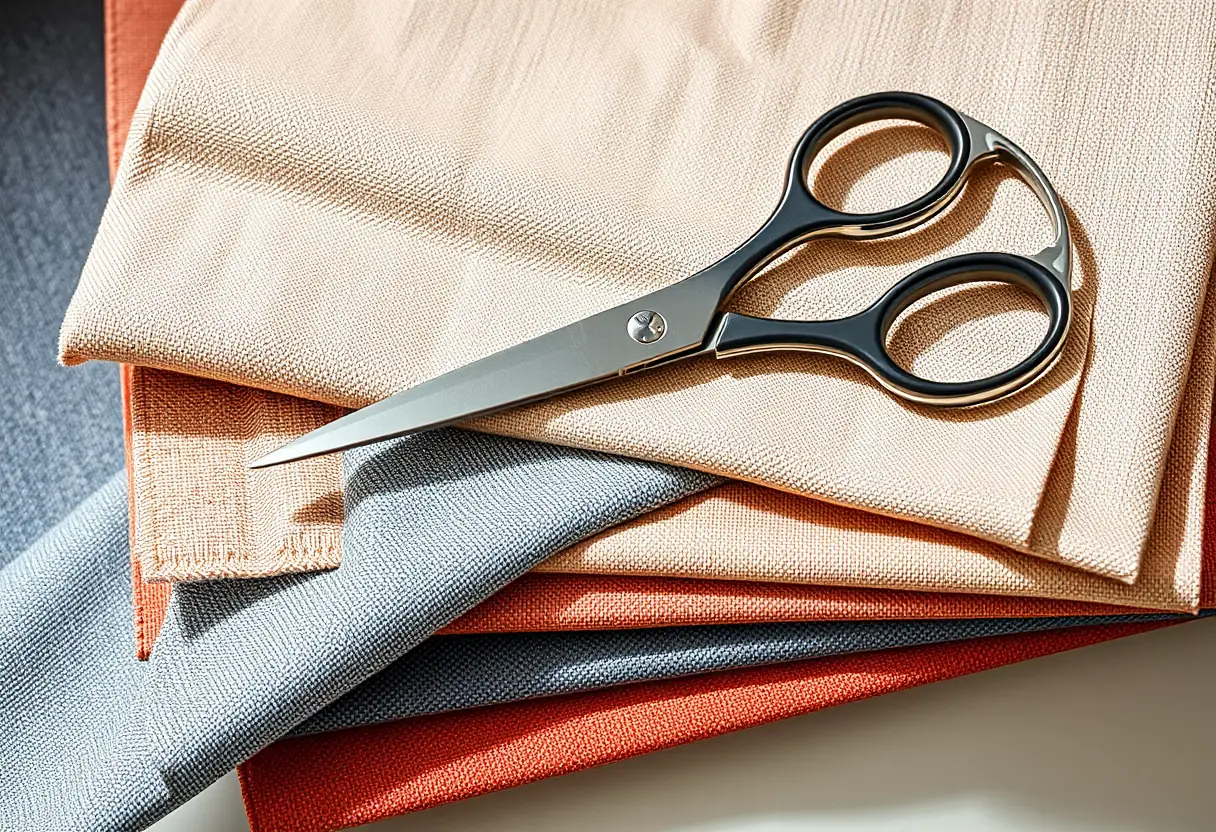 Ciseaux sur des échantillons de tissus pour manteau de fille