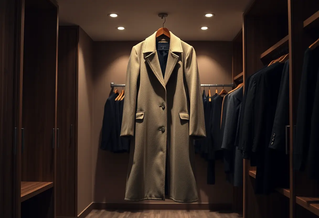 Un manteau long dans un dressing bien éclairé