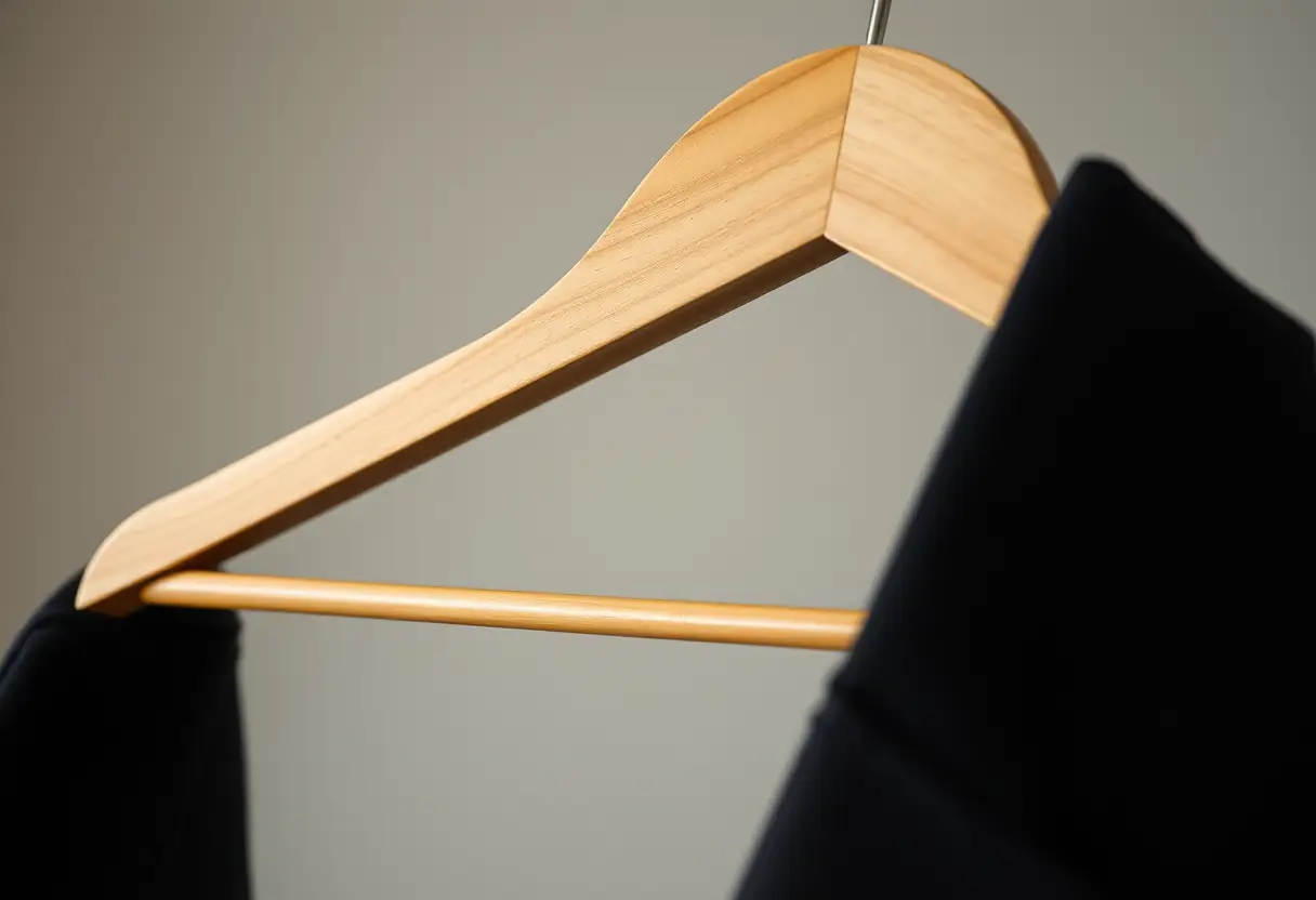 Vue rapprochée d'un cintreuse en bois soutenant un manteau en laine noire