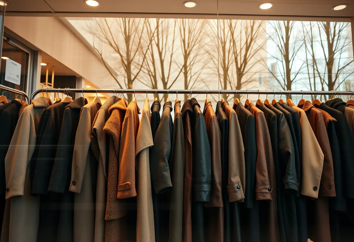 Vue d'un magasin de vêtements avec des manteaux longs en vitrine
