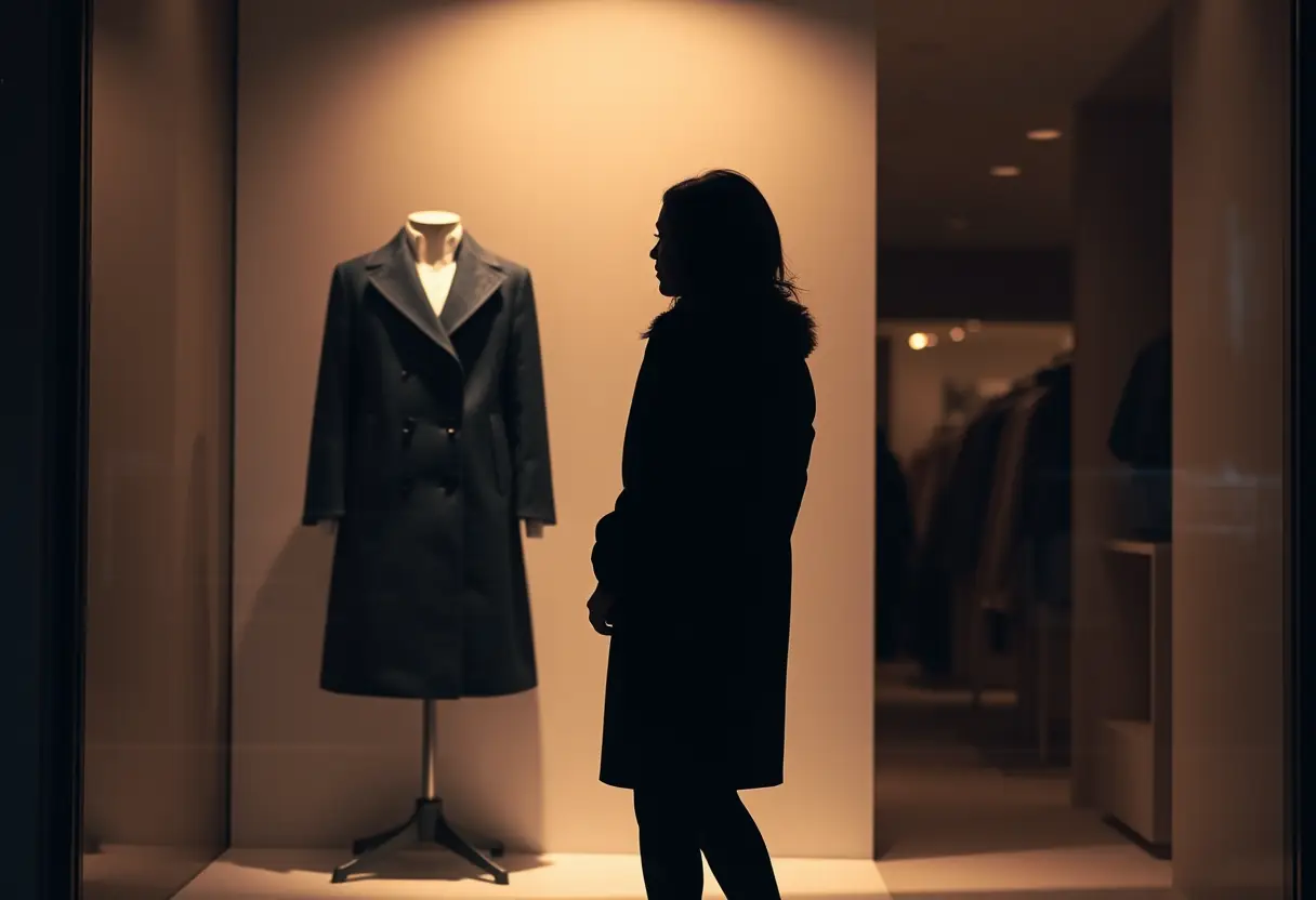 Silhouette féminine devant un manteau noir en laine exposé dans la vitrine d'un magasin de luxe