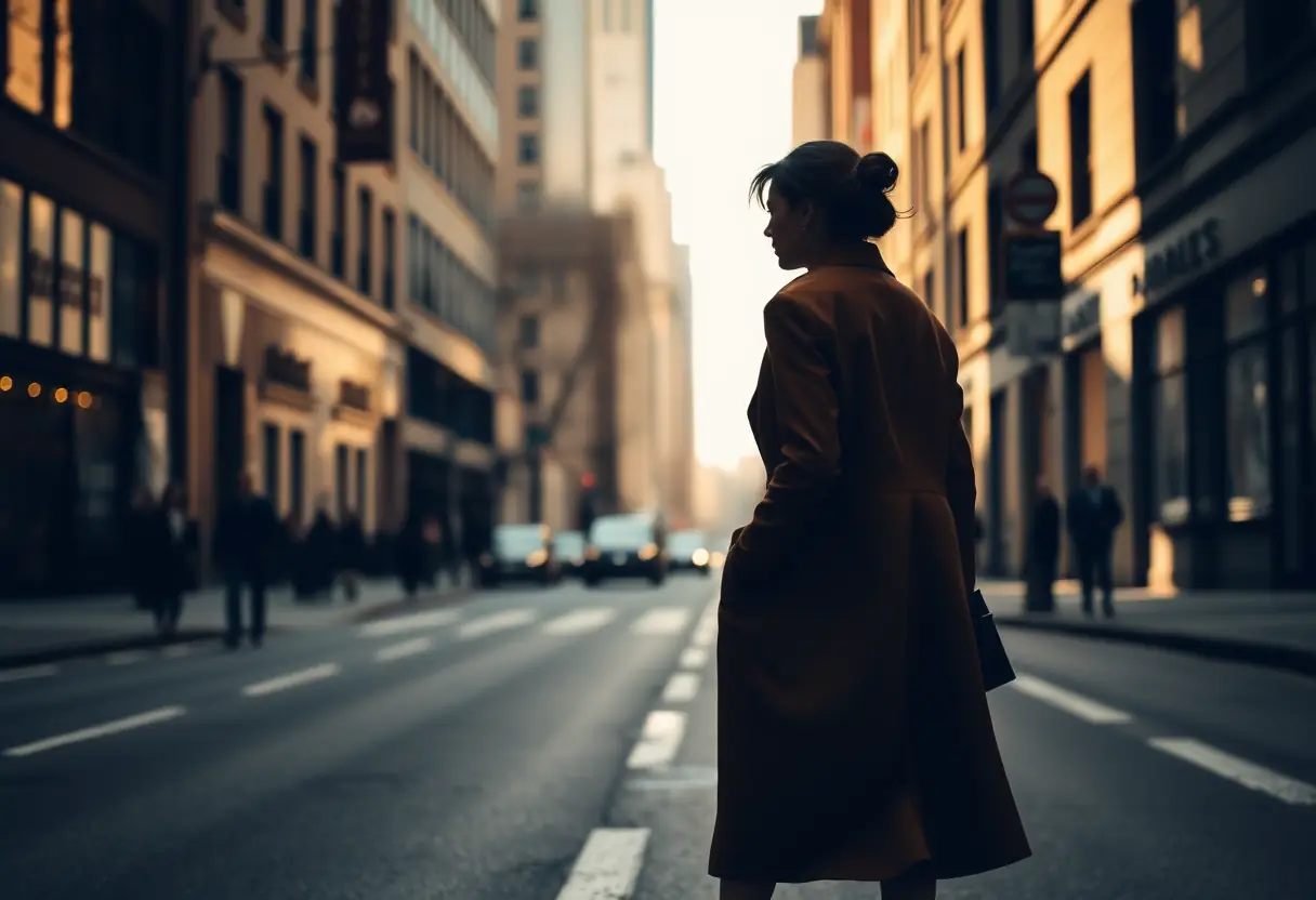 Silhouette d'une femme dans une rue urbaine, portant un manteau oversize élégant