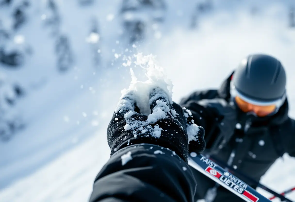 Une main serre fermement une tige de ski sur une pente raide