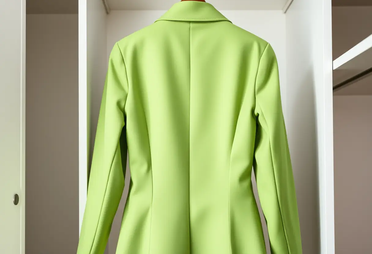 Un manteau vert accroché dans un placard bien éclairé