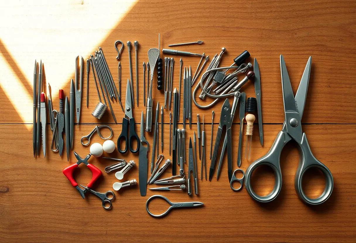 Outils de couture posés sur une table en bois
