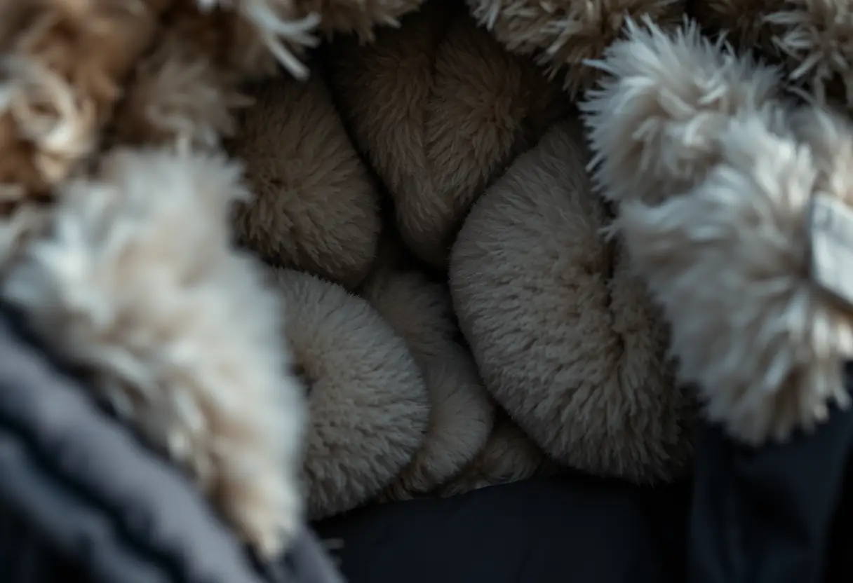 Vue rapprochée de l'isolation intérieure d'un manteau d'hiver, montrant le matériau d'isolation dense et chaud