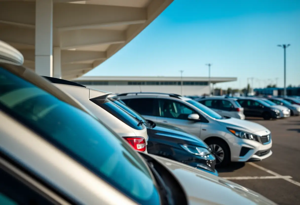 Voitures alignées dans le parking, reflétant le ciel bleu clair