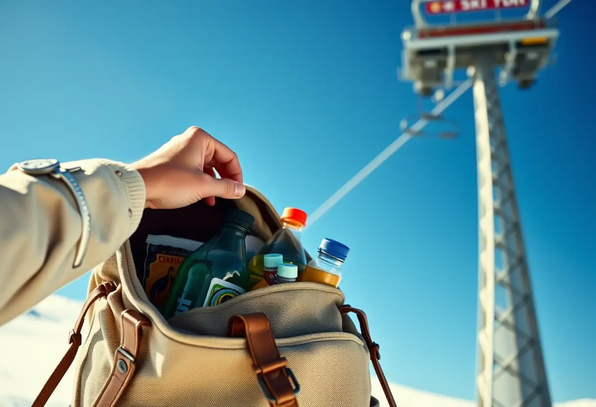 La main d'une skieuse plonge dans un sac à dos rempli de collations et de bouteilles d'eau, devant un téléski qui monte vers un ciel bleu clair