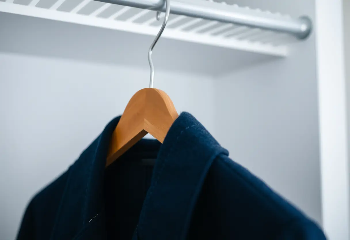 Un cintre en bois supporte un manteau bleu foncé en laine