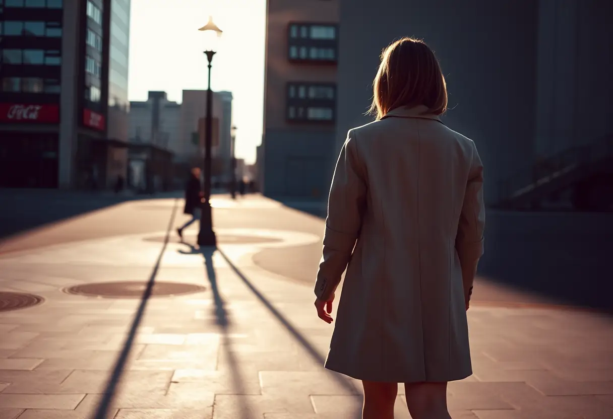 Une femme habillée d'un manteau court passe sous une lampe de rue dans un quartier urbain, les ombres sont longues et distinctes